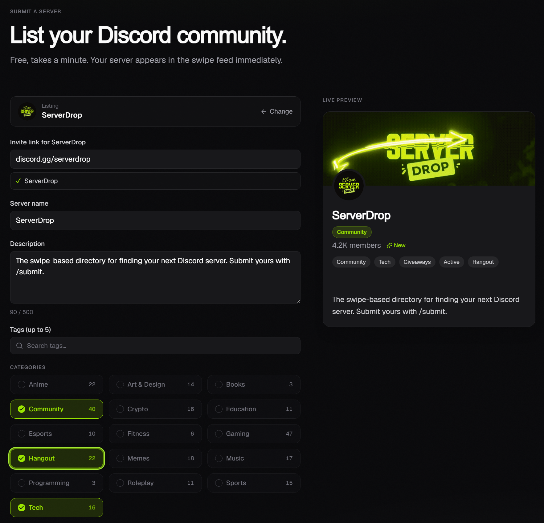 The ServerDrop submit page: a free listing form with a live preview of how your server's card appears in the feed.