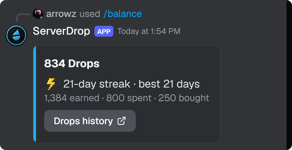 A resposta do bot ao /balance: os Drops e a sequência.