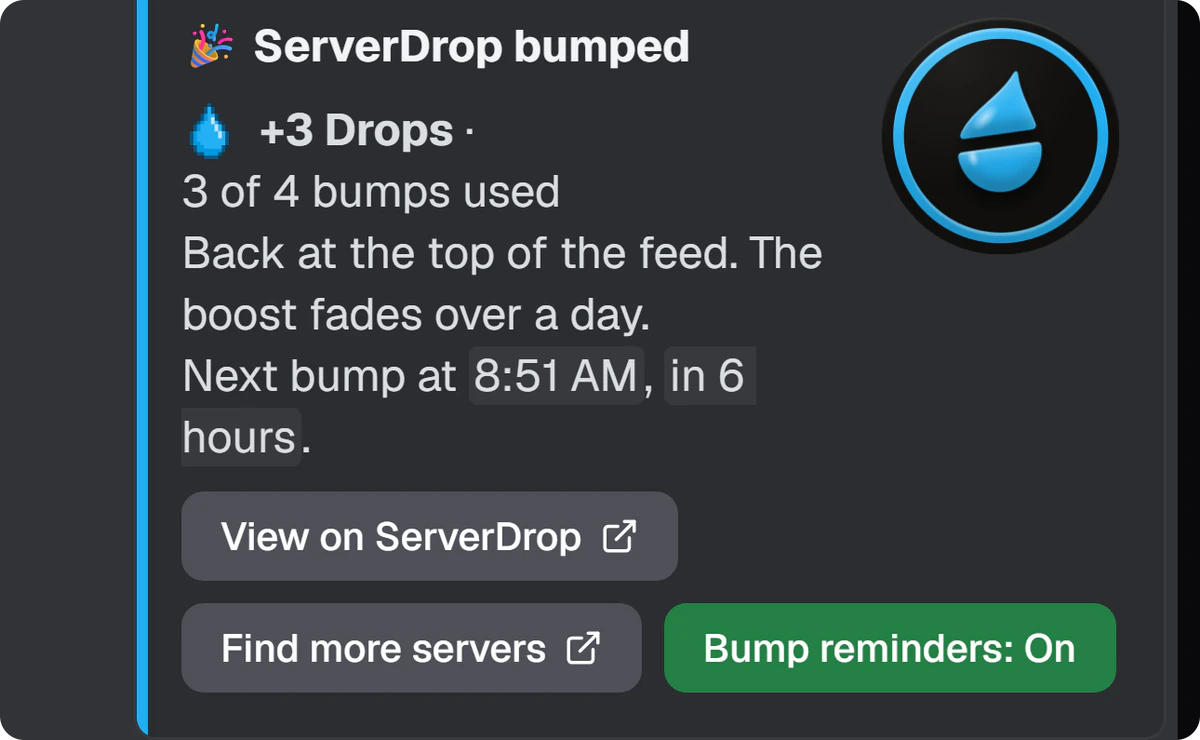 A resposta do bot ao /bump: o servidor subiu, os bumps usados e o botão Bump reminders.