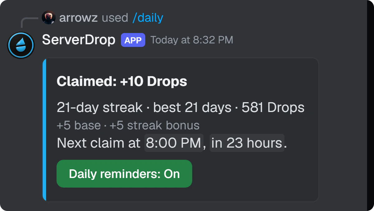A resposta do bot ao /daily: os Drops resgatados, a sequência e o próximo resgate.