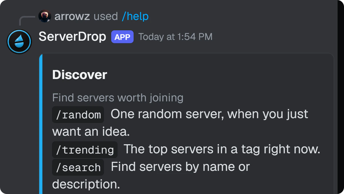 A resposta do bot ao /help: os comandos, um menu de tópicos e um botão para abrir o ServerDrop.