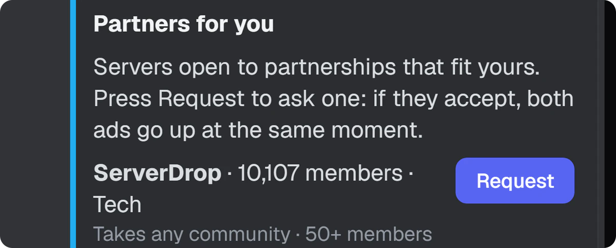 A resposta do bot ao /partner find: um servidor aberto a parcerias, com um botão Request.
