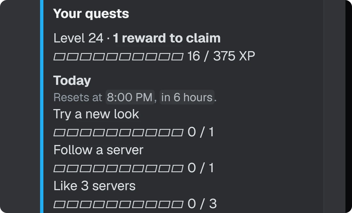 A resposta do bot ao /quests: o nível, as missões de hoje e as da semana.