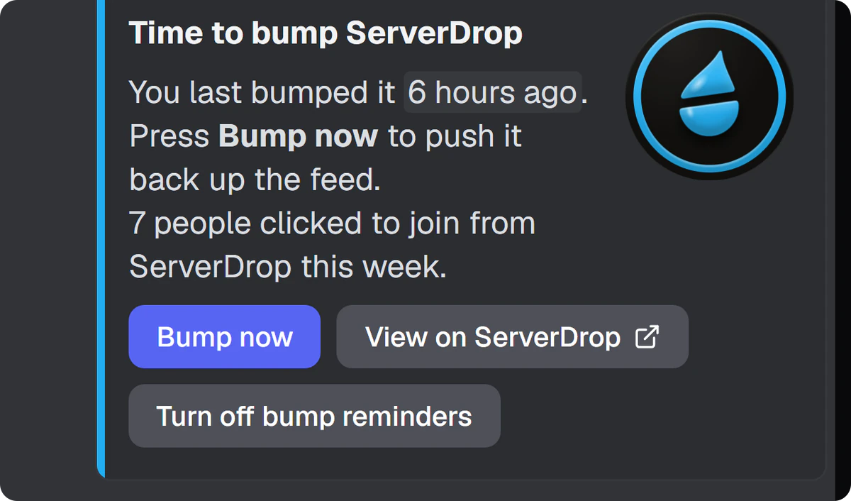 A DM do bot quando dá para dar bump, com o botão Bump now.