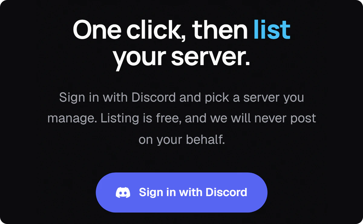 A página de login para anunciar um servidor, com o botão Entre com o Discord.