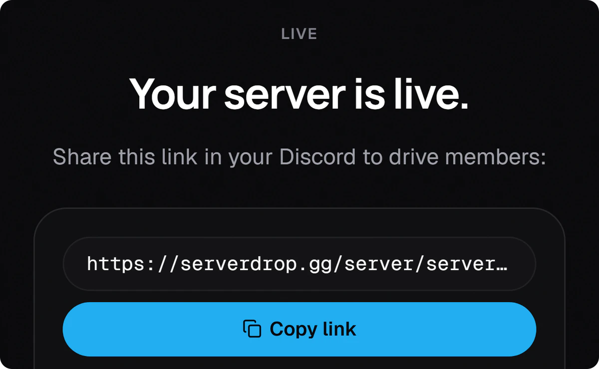 A tela depois de anunciar: o servidor está no ar, com o link para copiar.